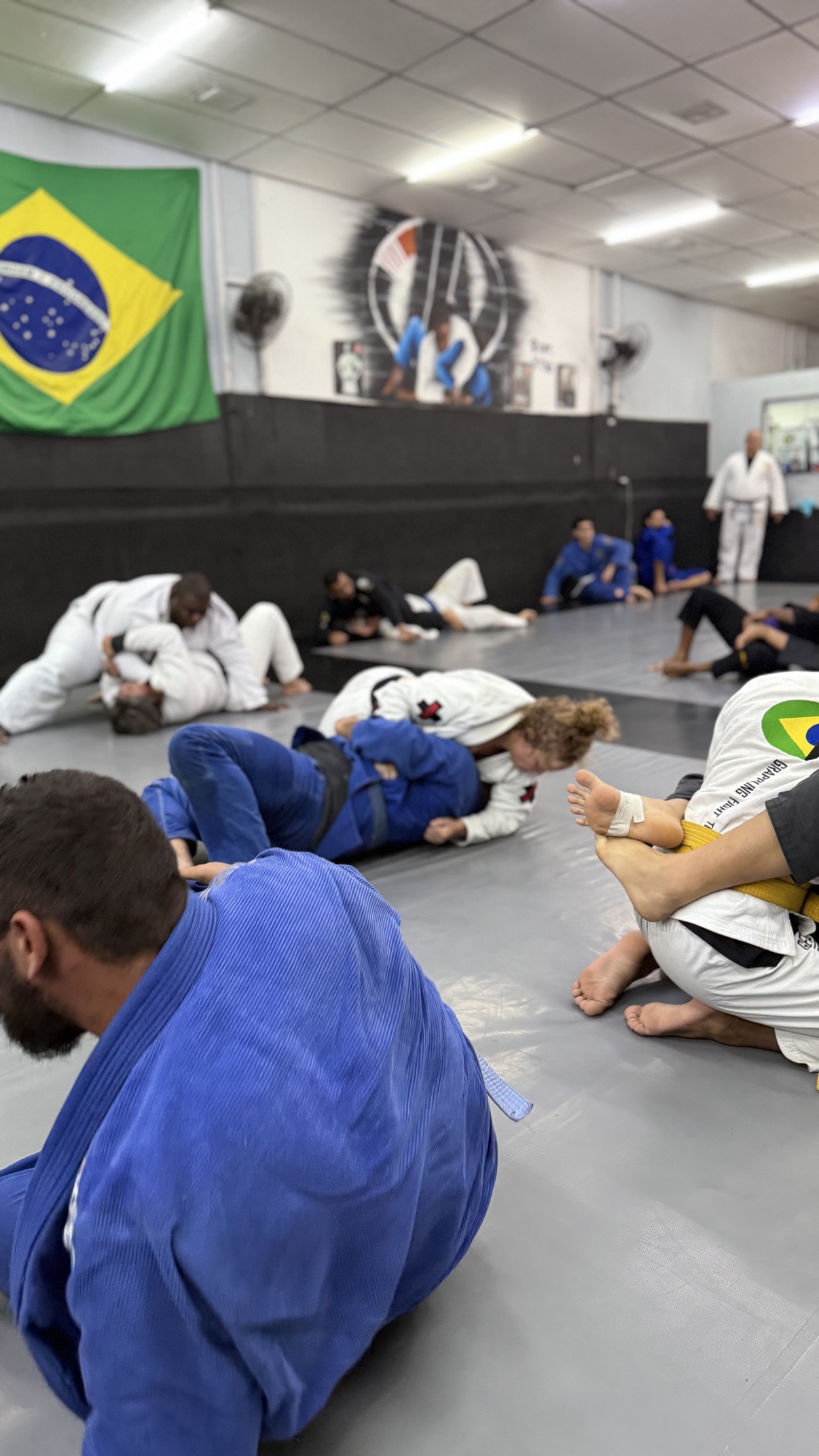 OSS Rio Tour open mat under the Brazilian flag at a Rio academy